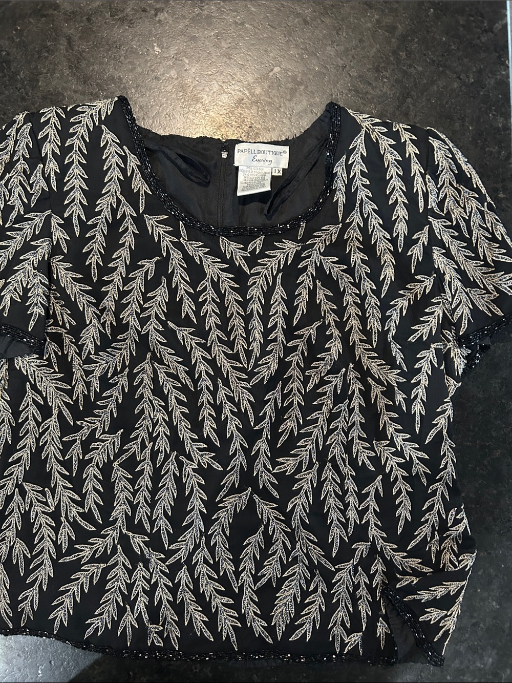 Papell Boutique Black Top with Silver Leaf Beadwork